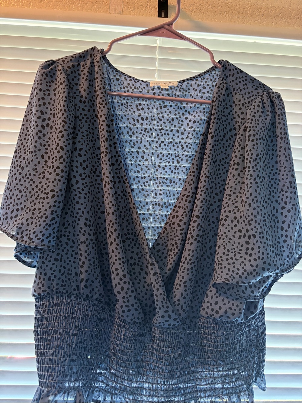 nine britton Blue V-Neck Smocked Waist Blouse with Black Dot Print